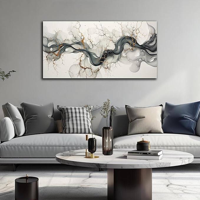 Abstract Wall Art for Living Room Black White and Gold Wall Decor for Office Modern Prints Wall Art for Bedroom Size 20 x 40 Inch