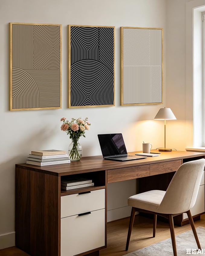 KUVIOKE Minimalist Abstract Boho Framed Wall Art Modern Mid-Century Bohemain Neutral Line Wall Decor Geometric Artwork Bedroom Decor 24x36in (Natural Framed)