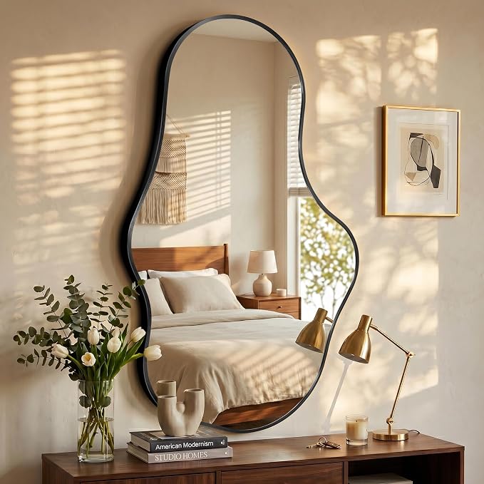Irregular Wall Mirror, 24"x40" Black Abstract Asymmetrical Mirrors for Wall, Decorative Cloud Aesthetic Mirror for Bathroom, Bedroom, Cloakroom, Entryway, Shatter-Proof Aluminum Alloy Frame