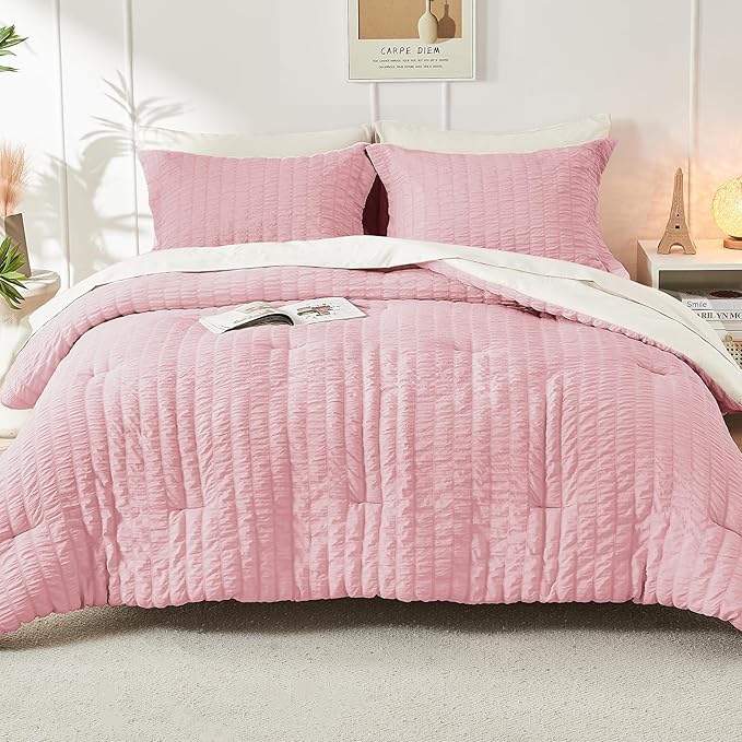 HYMOKEGE Pink/Ivory King Size Comforter Set Seersucker 7 Pieces, All Season Luxury Bed in a Bag for Bedroom, Bedding Set with Comforter, Sheets, Pillowcases & Shams