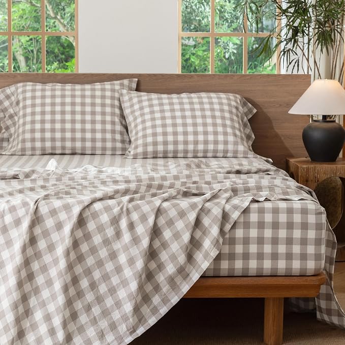MooMee Gingham Sheet Set 100% Washed Cotton Linen Like Textured Breathable Soft w/Fully Elasticized 16-19" Deep Pocket (Buffalo Plaid Tannish Linen Grey, Queen)
