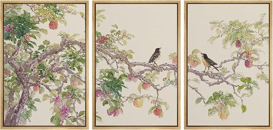 wall26 Framed Print Wall Art Set Watercolor Fruit Tree Branch with Birds Botanical Decorative Minimal Relax/Zen for Living Room, Bedroom, Office - 24"x36"x3 NATURAL