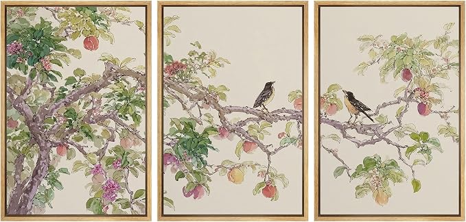 wall26 Framed Print Wall Art Set Watercolor Fruit Tree Branch with Birds Botanical Decorative Minimal Relax/Zen for Living Room, Bedroom, Office - 16"x24"x3 NATURAL