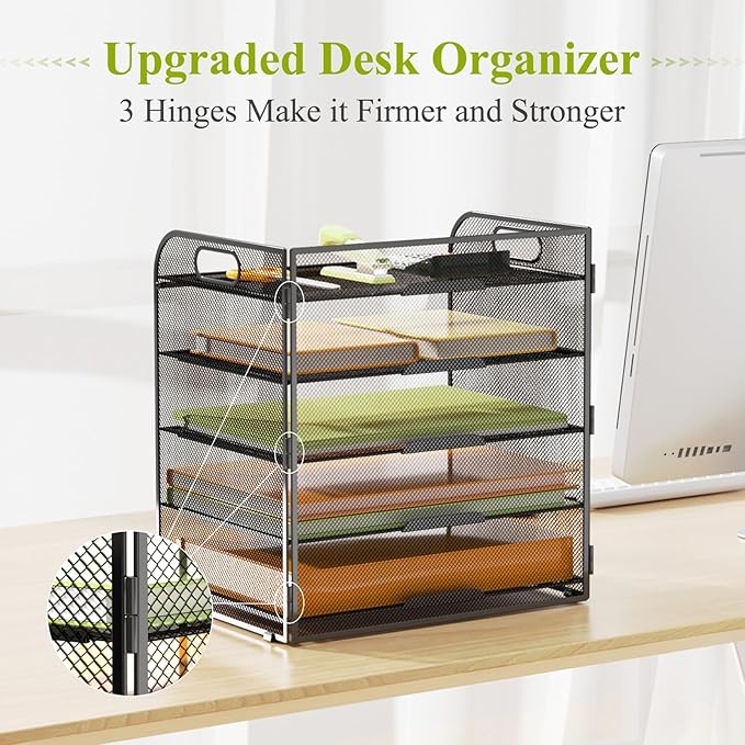 VIEERINN 5 Tier Paper Letter Tray Organizer with Handles, Mesh Desk File Organizer Metal Paper Sorter Holder, Desktop Document Shelf Tray Storage Organization for Office School Home