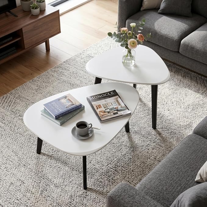 Nesting Coffee Table Set of 2-Mid Century Modern Wooden Coffee Table,Guitar Pick Stacking Tables with Solid Wood Legs,Small Coffee Tables for Small Spaces,Living Room,Apartment (White)