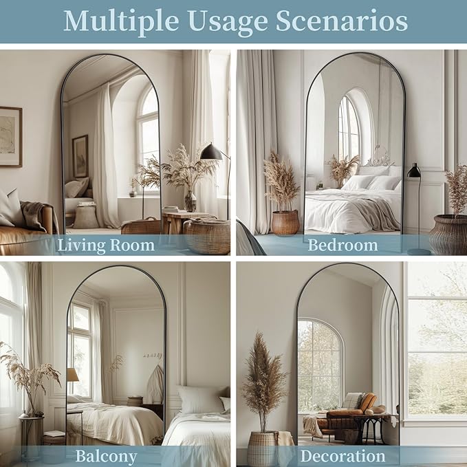 Full Length Mirror with Stand, 72"x44" Arched Full Body Mirror, Large Stand Up Aluminum Frame Floor Freestanding Hanging Leaning Mounted for Bedroom Living Room Entryway Black