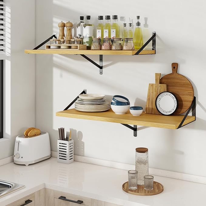 Floating Shelves, 12 Inch Deep Rustic Wood Wall Storage, 16W x 12D Wall Shelves Set of 2, Heavy Duty Metal Brackets, Large Industrial Book Shelf for Living Room, Kitchen, Bedroom, Oak