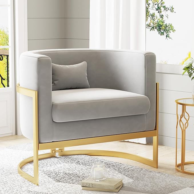 Velvet Accent Chair, Modern Barrel Chair Upholstered Armchair for Living Room Bedroom Single Sofa Chair Club Chairs Gray with Gold Legs