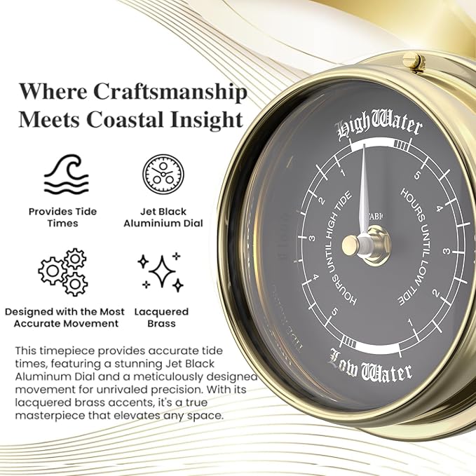 Tide Wall Clock with Jet Black Dial - Exquisite Handcrafted Nautical Timepiece for Beach Enthusiasts - Traditional Marine Design, Heavy 1/2kg Brass Case - Handmade in England