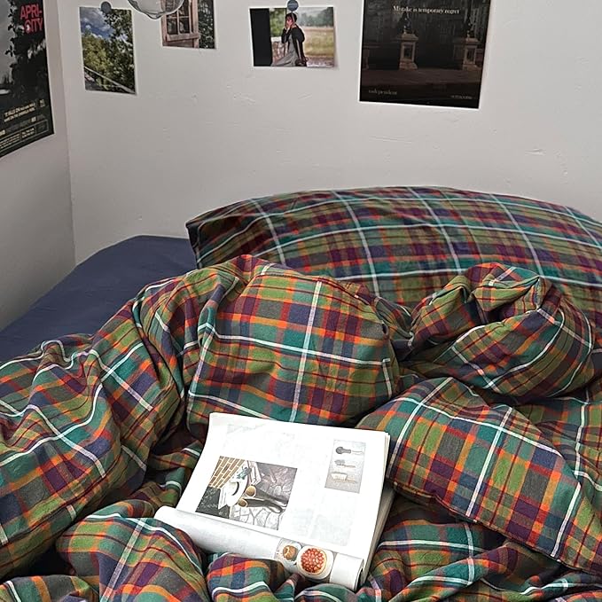mixinni Buffalo Plaid Duvet Cover Set Full Size - 100% Washed Cotton 3-Piece Bedding Set for Teen Boys Girls, Retro Grid Design, Soft Breathable Comforter Cover for Dorm Room-Full Size
