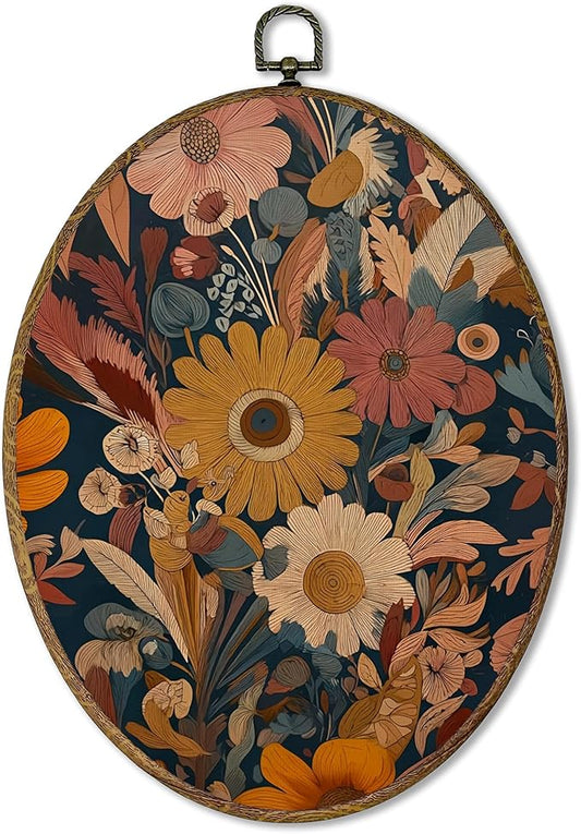 AEHIE Vintage Boho Floral Oval Wall Art Decor, Retro Maximalist Floral Botanical Canvas Artwork Framed, Mid Century Modern Flower Oval Wall Art for Home Bedroom Living Room Decor, 11x8.5 Inches