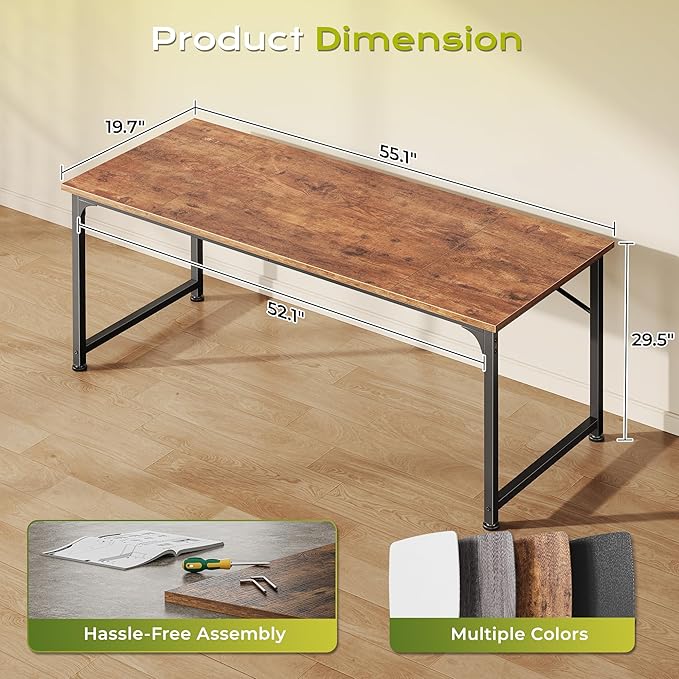PRAISUN 55 Inch Computer Desk, Home Office Desk with Spacious Desktop, Modern Gaming Desk, Writing Study Table for Bedroom, Small Spaces, Work from Home Desk with Metal Frame, Rustic Brown