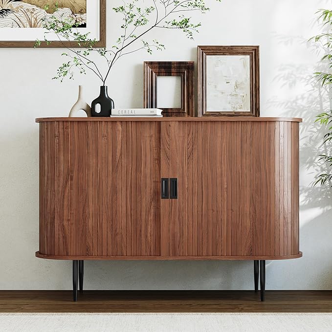 ARTPOWER 47.2" Sideboard Buffet Cabinet with Tambour Door, 6 Heights Adjustable Shelves, Accent Console Cabinet with Storage, Modern Credenza for Living Room, Dining Room, Entryway, Walnut