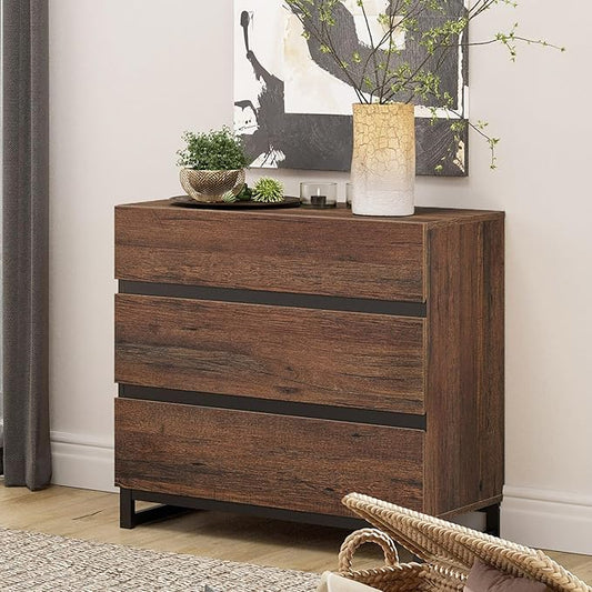 WAMPAT Dresser for Bedroom, Closet Organizers and Storage with 3 Drawers, Chest of Drawers with Metal Base, Modern Wood Dresser for Living Room, Hallway, Entryway, Brown
