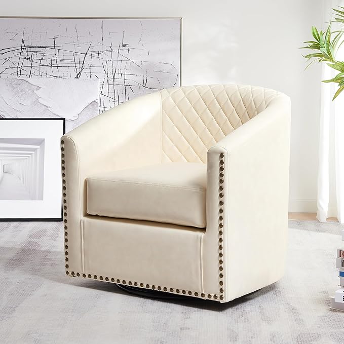 KINWELL 29" Wide Tufted Faux Leather Swivel Barrel Chair, PU Leather Modern Upholstered Accent Chairs with Nailhead Trim, Small Armchair for Living Room Bedroom, Cream
