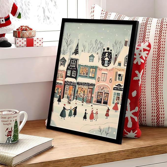 Framed Winter Street Scene Canvas Wall Art Retro Painting Print Poster Picture Gallery Wall Decor Living Room Bedroom Dining room 16X24 Inch Ready to Hang