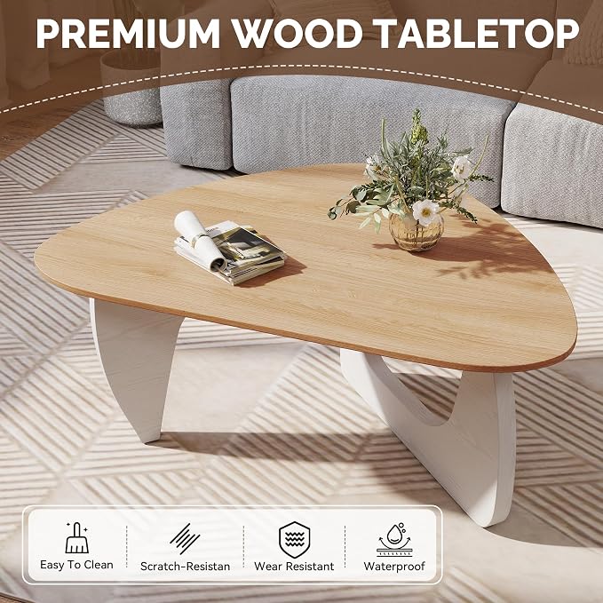 Modern Wood Coffee Table, Triangle Center Table with Premium Wooden Top& Unique Base, 35.5” Small Mid Century Tea Tables for Living Room, Apartment, Office,Natural Wood &White