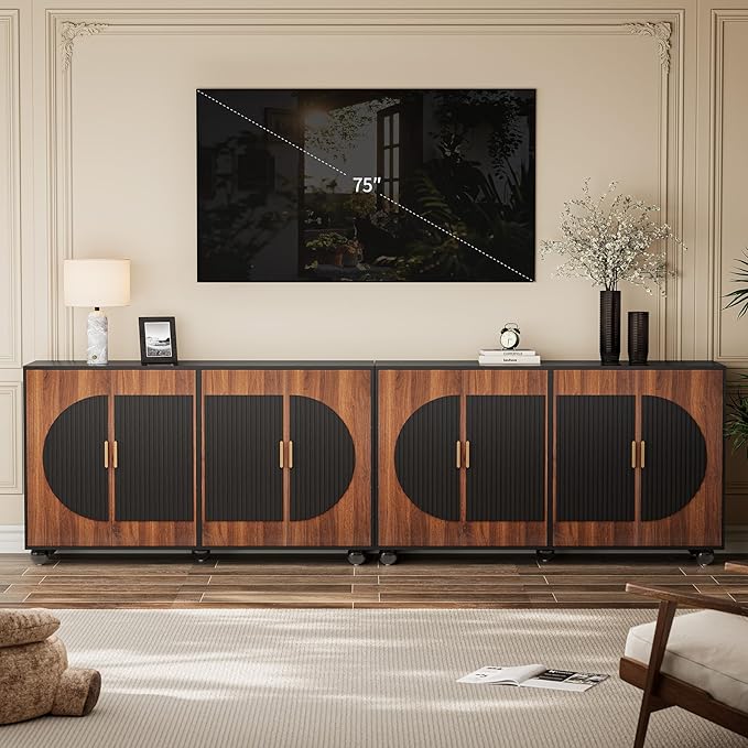 58" Fluted Modular Buffet Cabinet with Storage, Modern Sideboard Credenza w/Adjustable Shelves, Large Coffee Bar Media TV Console Table for Living Room/Dining Room/Kitchen/Entryway, Walnut