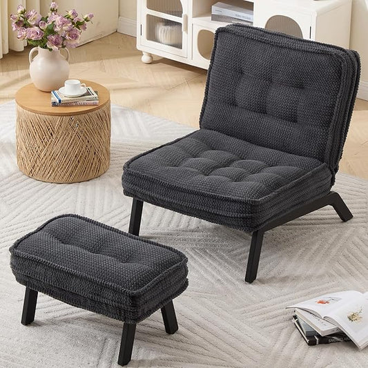 ANJ Armless Accent Chair with Ottoman Adjustable Backrest, Black Living Room Chair Tufted Upholstered Lounge Chair with Footrest Set, Modern Chair Cozy Reclining Chair for Reading Room Bedroom