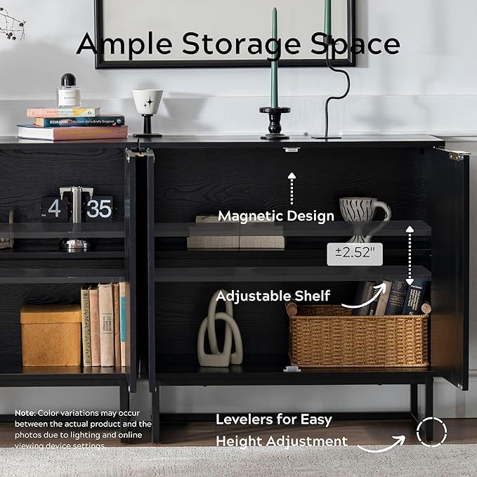 Fluted Storage Cabinet Sideboard Buffet Cabinet, Modern Accent Cabinets with Adjustable Shelves, Credenza Console Table Entryway Cabinets for Living Dining Room, Black