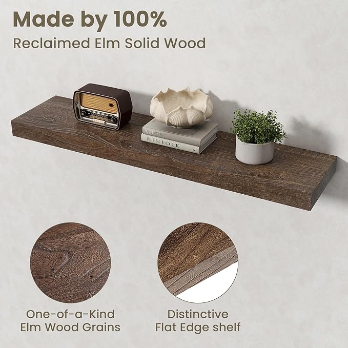 Fun Memories Solid Elm Wood Floating Shelves Set of 2-36 Inch Rustic Wall Shelves with Heavy-Duty Invisible Brackets - for Living Room, Kitchen, Bedroom, Bathroom - Walnut Finish