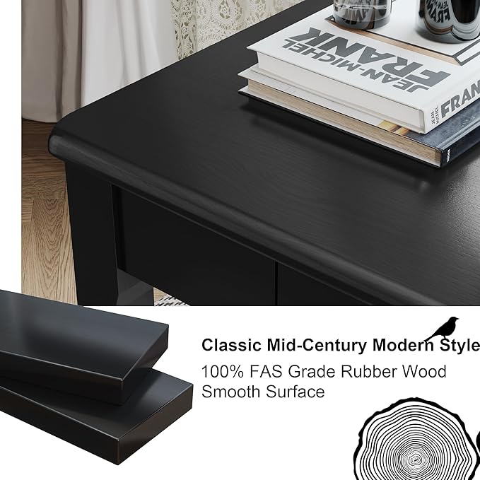 Solid Wood Desk with Drawers - 32 x 16 Inch Simple Narrow Desks, Rubber Wood Study Table, Small Writing Desk for Bedroom|Small Spaces - Modern Black Desks