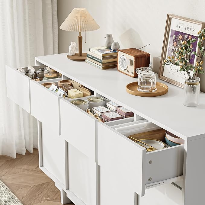 CHUWELL 55" Sideboard Buffet Cabinet with 4 Sliding Doors and 4 Drawers,Minimalist Linear Design & Handleless Design,Side Board with Adjustable Shelf for Living Room,White