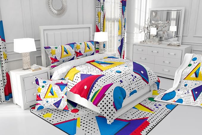 Memphis Geometric Pattern Comforter Cover Set King Size,Retro Style Round Half Moon Triangle Shapes Artwork Duvet Cover Colorful Graphic 80s 90S Style Bedding Set Abstract 1990S Memphis Home Decor