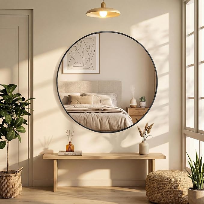28 Inch Black Round Bathroom Wall Mirror, Round Mirrors for Wall Decor, Circle Mirror for with HD Shatter-Proof Glass for Entryway, Living Room, Bedroom, Dressing Room, Home Decor