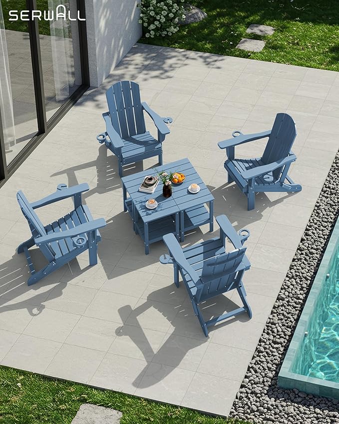 SERWALL 2-Tier HDPE Outdoor Side Tables Set of 4, Weatherproof Rectangular Adirondack Side Table, Blue