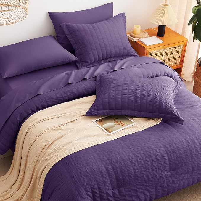 CozyLux King Size Comforter Set Purple, 7 Pieces Seersucker Textured Luxury Bed in a Bag, All Seasons Soft Bedding Sets with Down Alternative Comforter, Sheets, Pillowcases & Shams, Home Gift