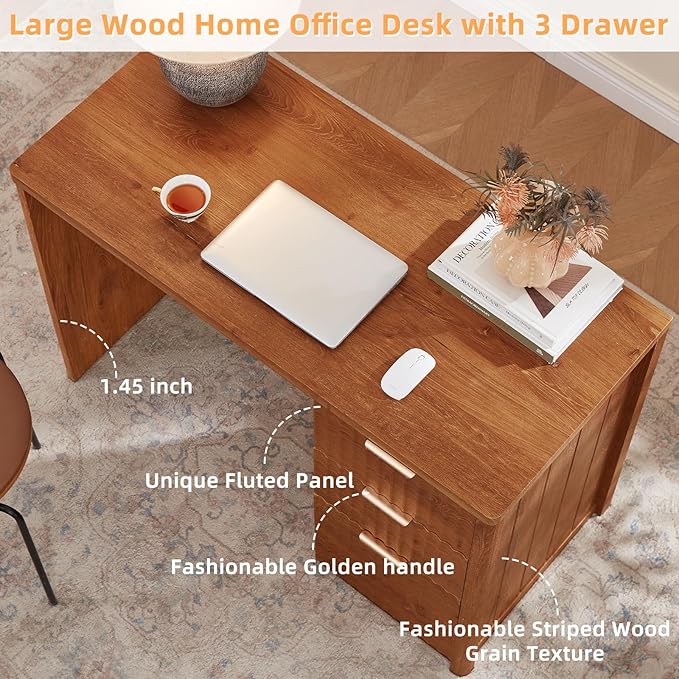 LEYAOYAO Office Desk 48" with 3 Drawers Storage File Cabinet Wood Fluted Desk for Computer Office Bedroom Home Furniture Tea Brown
