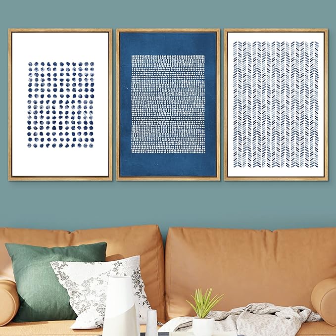 SIGNWIN Framed Canvas Print Wall Art Set Blue Geometric Pattern Landscape Abstract Shapes Illustrations Modern Art Boho Relax/Zen Nordic for Living Room, Bedroom, Office - 16"x24"x3 Natural