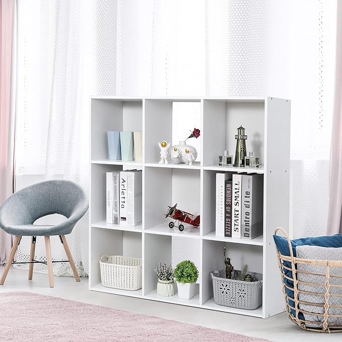 JupiterForce 9 Cube Storage Organizer, Wooden Cube Shelf W/ 5 Removable Back Panels, Customizable Cube Bookcase Bookshelf Freestanding Display Shelf for Home, Office, Bedroom and Living Room (White)