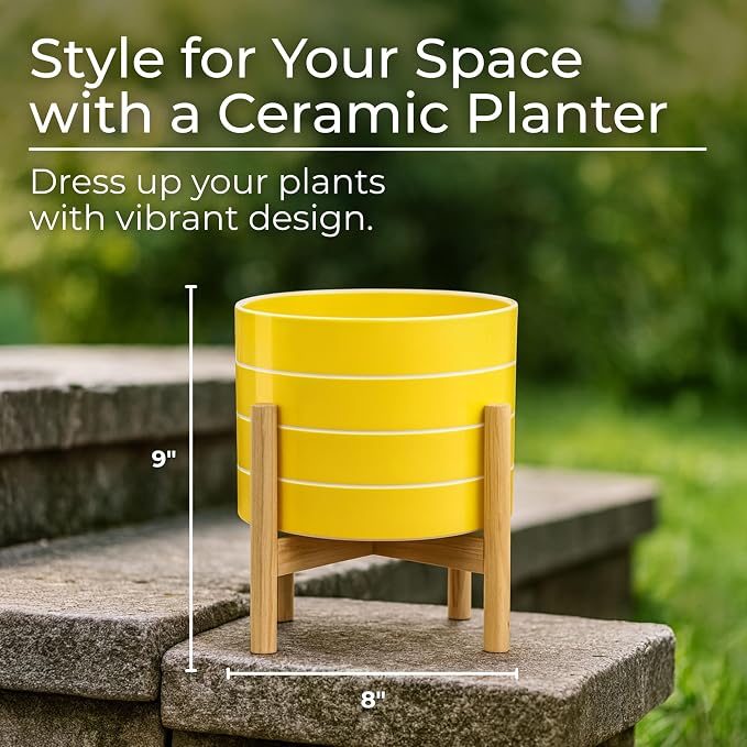 Striped Ceramic Planters with Wooden Stand as Home Decor Flower Pots for Entryway, Patio, Tabletop, and Garden - Colorful Decorative Pots for Indoor and Outdoor Plants - 9", Yellow & Tan