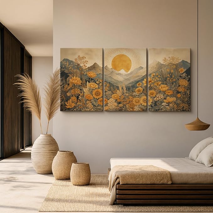 wall26 Canvas Print Wall Art Set Boho Sunflower Mountain Vintage Yellow Floral and LandscapeDecorative Minimal Relax/Zen for Living Room, Bedroom, Office - 24"x36" x 3