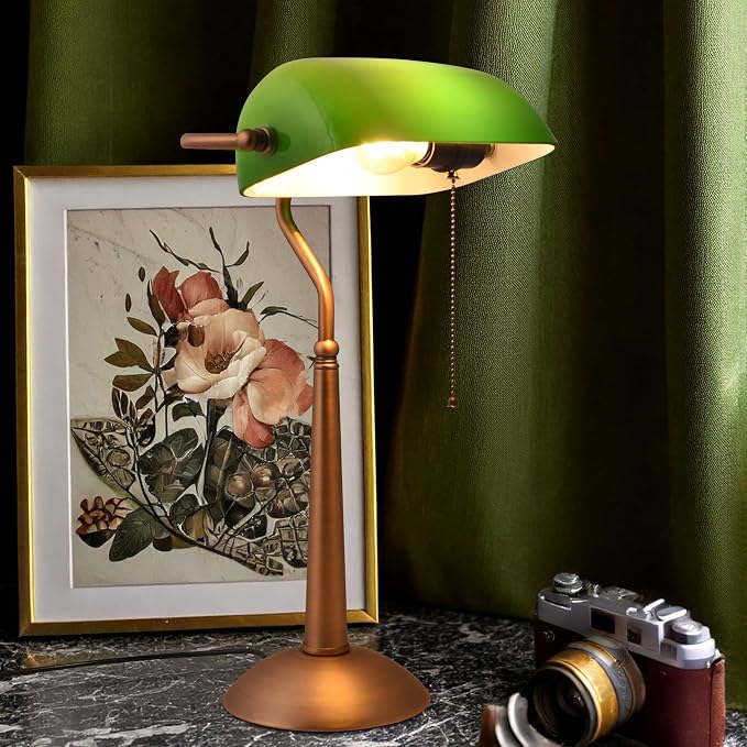 COSYLUX Tall Bankers Lamp, Vintage Sleek Green Glass Table Lamp with Pull Switch, Antique Bronze Metal Bankers Desk Lamp for Office, Study Room, End Table, Bedside (Green)