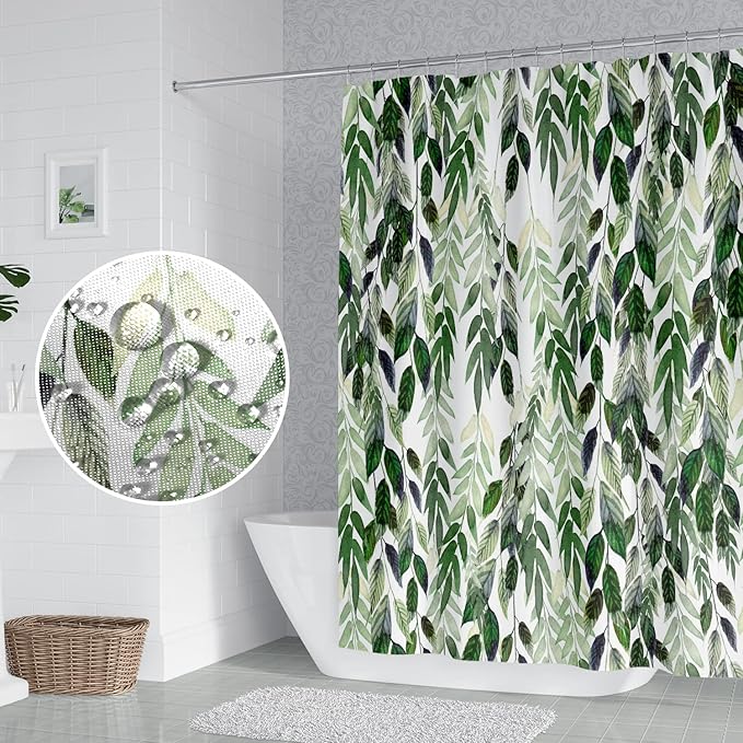 Tropical Leaves Shower Curtain Lush Green Plant Leaf Botanical Pattern Shower Curtain Set with 12 Hooks 72 x 72 inch Waterproof Fabric Polyester Nature Bathroom Decorative