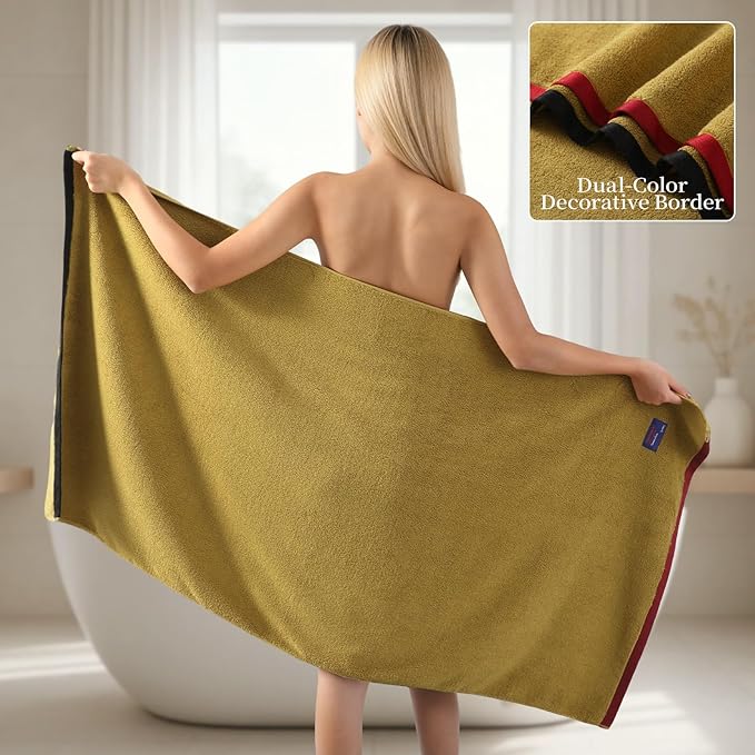 REDKISS 2 Pack Cotton Bath Towels, Soft Absorbent 600 GSM, 27x54 Inch | Quick Dry | Reinforced Stitching | Modern Contrast Border Design | Machine Washable | Bathroom, Gym|Spa & Guest Use | Yellow