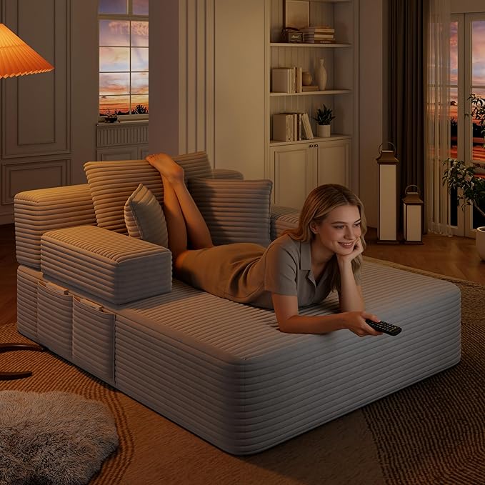 48.5" Oversized Chaise Lounge Chair Indoor, 3-in-1 Convertible Sleeper Sofa Bed, Plush Corduroy Boneless Chaise with 3 Pillows & Side Pockets, Adjustable Back/Armrest for Living Room - Light Grey