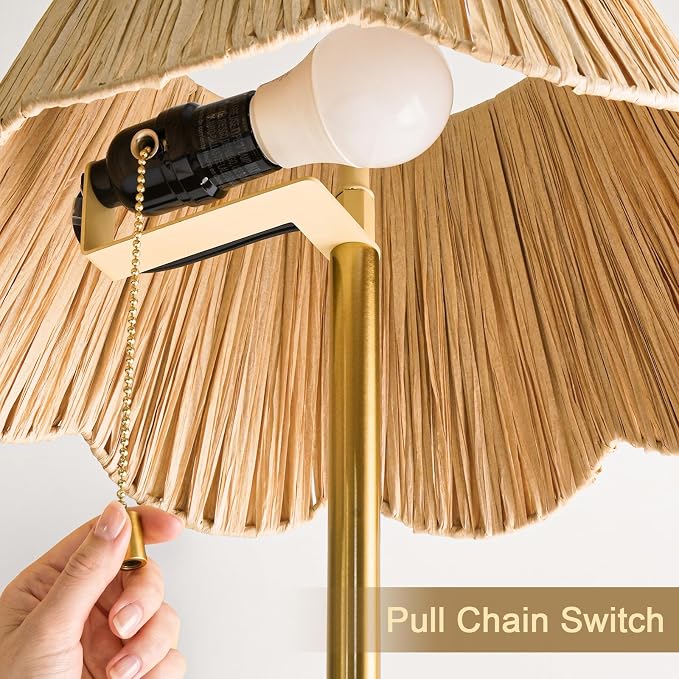 OYEARS 65" Boho Floor Lamps for Living Room, Rattan Floor Lamp, Pull Chain Switch, Gold Standing Lamp with Hand-Woven Shade, Farmhouse Tall Lamps for Nursery, Metal Base&Pole, Bulb not Included, Gold