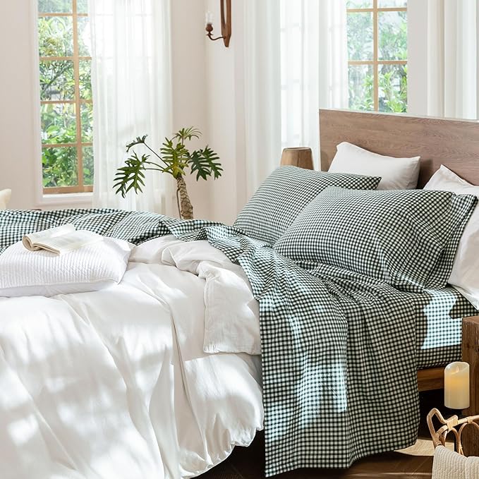 MooMee Gingham Sheet Set 100% Washed Cotton Linen Like Textured Breathable Soft w/Fully Elasticized 16-19" Deep Pocket (Mini Gingham Forest Green, Queen)