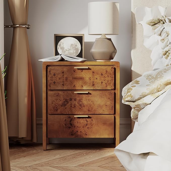 COZAYH Farmhouse Nightstand with 3 Drawer, Distressed Wood Rustic Accent Dresser, Burl Finish Bedside Table for Bedroom, Entryway, Fully Assembled, Brown