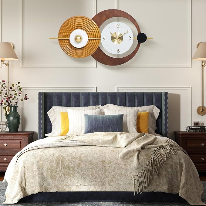 Wall Clock Modern Battery Operated Big Clocks Metal and Wooden Nordic Style Large Brown Wall Watch Decorative Timepiece Perfect for Home,Living,Bedroom 23X15inch
