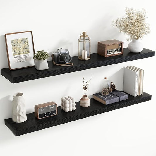 55 Inch Floating Shelves for Wall, 8 Inch Deep Floating Shelf for Storage & Display, Rustic Wall Mounted Shelf with Invisible Brackets for Living Room, Kitchen, Bathroom, Home Decor, Set of 2, Black