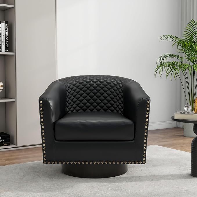 Swivel Barrel Accent Chair, Comfy Modern Upholstered Round Faux Leather Arm Chair for Living Room, Bedroom - Black, Set of 4