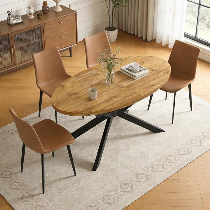 63"-78.7" Extendable Round Dining Table Set for 4, 5 Piece Mid Century Modern Oval Kitchen Table Set, Large Dining Table with 4 Dining Chairs for Living Room Space Saving（Walnut Table+4 Brown Chairs)
