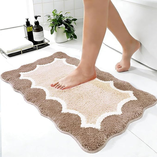 Cute Scalloped Beige Bathroom Rugs Mat,Non Slip Absorbent Quick Dry Bath Mats for Shower Room,Microfiber Bath Mats for Bathroom Floor Washable Carpet for Shower Tub Sink Bedroom,16"x24"