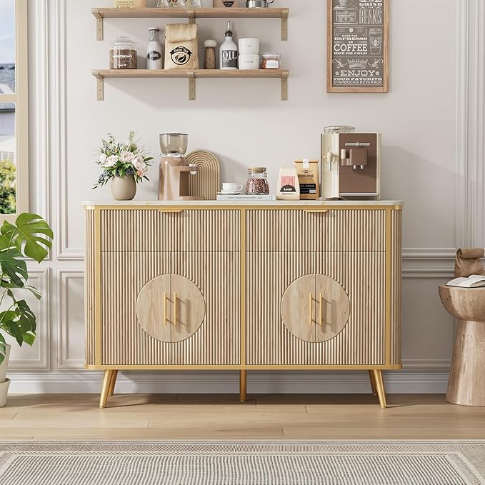 47.2" Buffet Storage Cabinet, Modern Fluted Coffee Bar Station with 2 Drawers & Adjustable Shelves, Kitchen Sideboard Buffet for Dining Room, Living Room, Hallway, Natural Oak