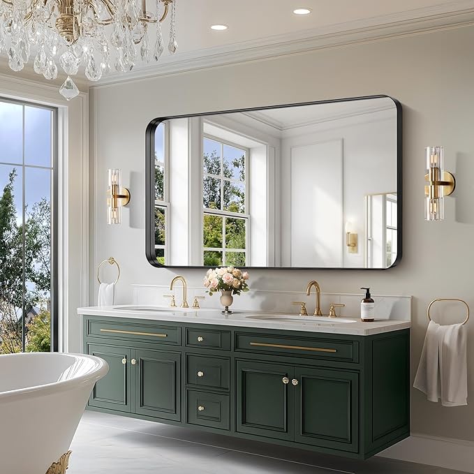 CIRCUMI Black Bathroom Mirror, 36"x60" Rectangular Mirror with Deep Metal Frame, Rounded Corner, Tempered Glass, Large Mirror for Wall, Over 2 Sinks, Installed Vertically/Horizontally, Crystal-Clear